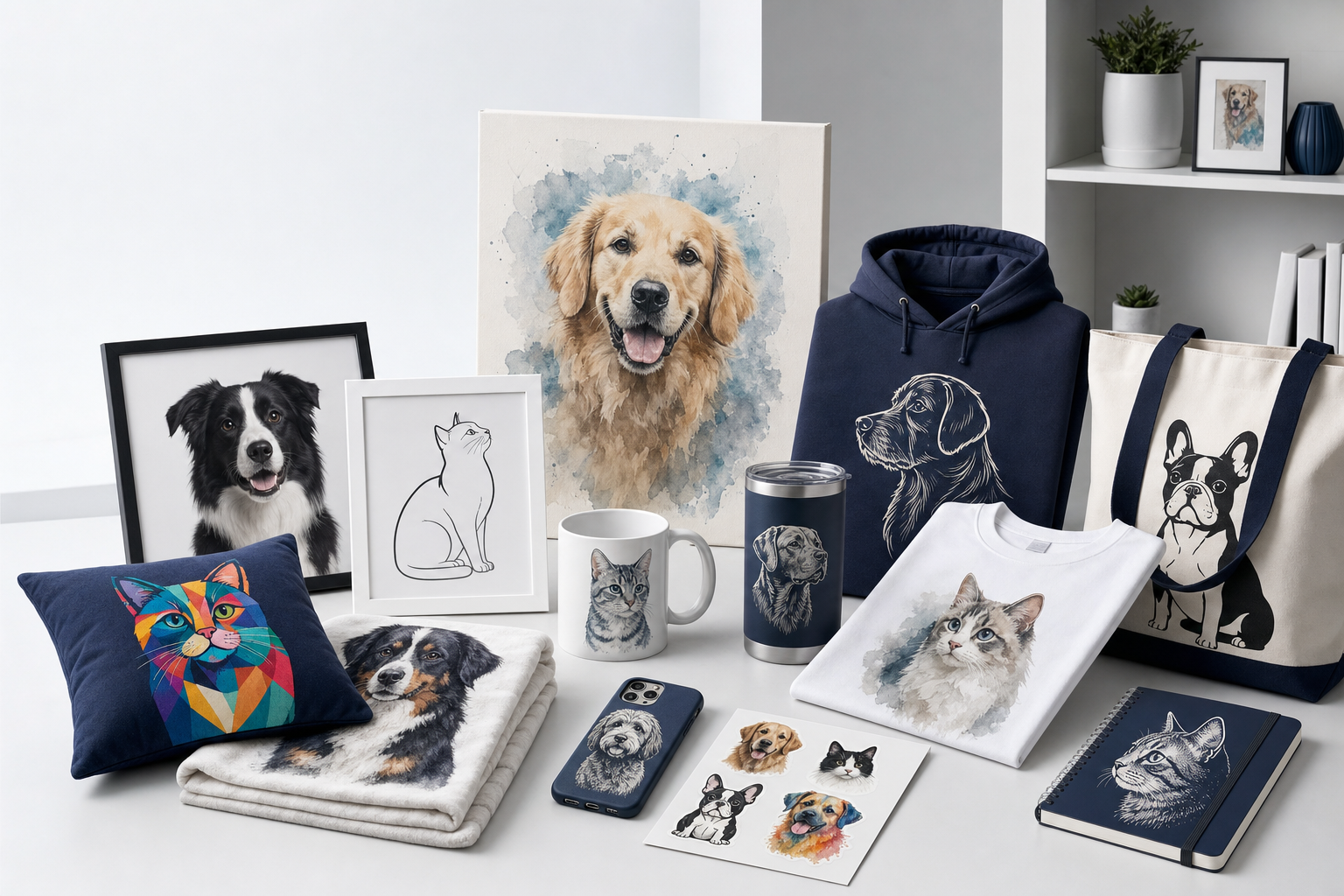Pet portraits printed on wall art, apparel, drinkware, bags, and gifts
